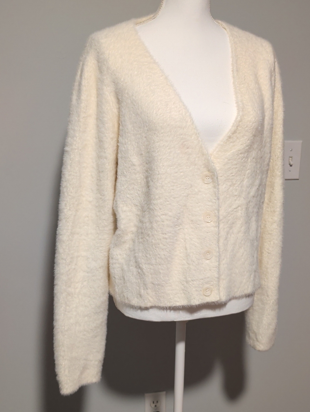 Rachel Zoe Cream Fuzzy Button-Front Cardigan